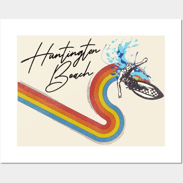 Retro 70s/80s Style Rainbow Surfing Wave Huntington Beach Wall Art by darklordpug